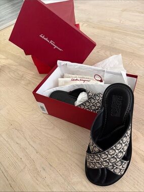 Salvatore Ferragamo Black Slide Mules with Cream Logo Cross-Band